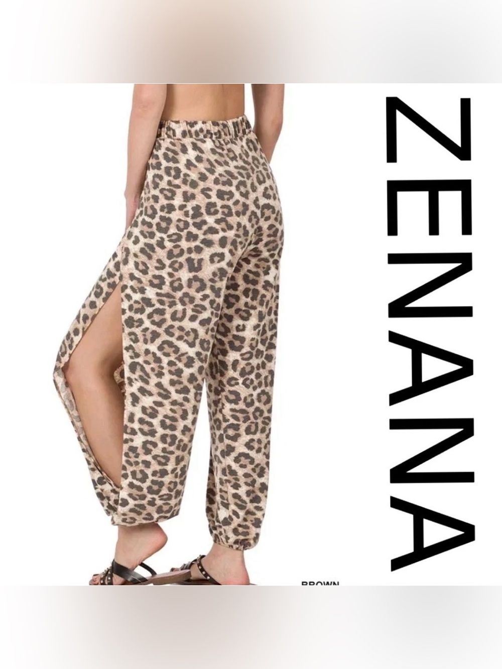 Zenana Leopard Split Side Pants Joggers in Brown & Black Size 2X NWT